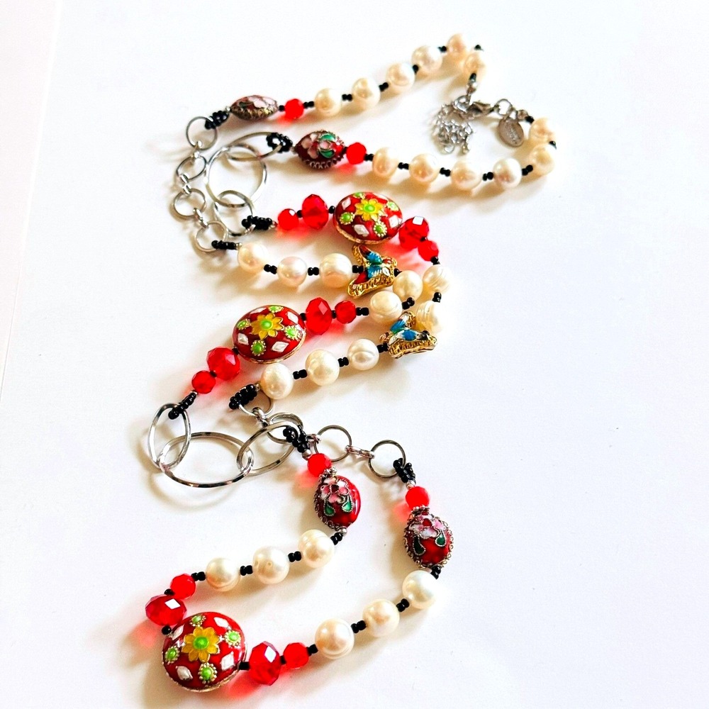 VTG Madame Butterfly Cloisonné necklace Freshwater Pearl Beads red Floral 38"